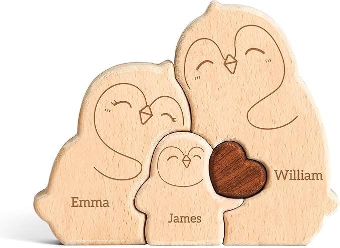 Wooden Penguin Family Puzzle, Personalized Puzzles with 2-5 Names, Fathers Day Birthday Personalized Gifts for Kids Boys Girls Mom Dad Grandma, Christmas Thanksgiving Decorations