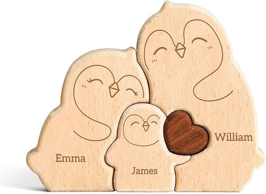 Wooden Penguin Family Puzzle, Personalized Puzzles with 2-5 Names, Fathers Day Birthday Personalized Gifts for Kids Boys Girls Mom Dad Grandma, Christmas Thanksgiving Decorations