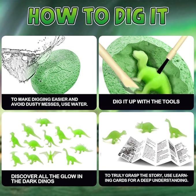 12-Pack Glow in The Dark Dinosaur Excavation Kit for Kids - Educational STEM Fossil Digging Egg Activity – Dig up & Discover Real Dino, Scientific Archaeology Set for Boys & Girls