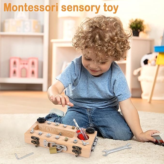 Screwdriver Board Set - Montessori Toys for 3 4 5 Year Old with Lock and Key, Wooden Sensory Toddler Screwd Tool Set