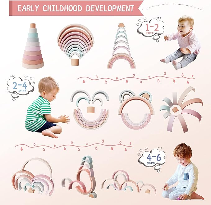 MCGMITT Rainbow Stacking Toy, Silicone Rainbow Stacker for Toddlers, Montessori Nesting Blocks, Building Creative Color Shape Matching Toy Set, 10 Layers