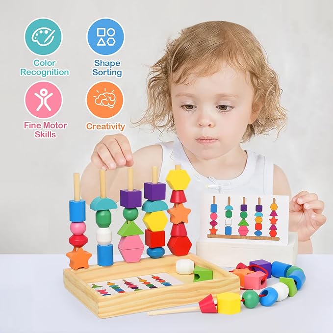 Montessori Bead Sequencing Set for Kids, Wooden Lacing Beads Toys for Toddlers, Matching Color Shape Stacker for 2 3 4 5 Years Old, Preschool Learning Educational Toys Gifts