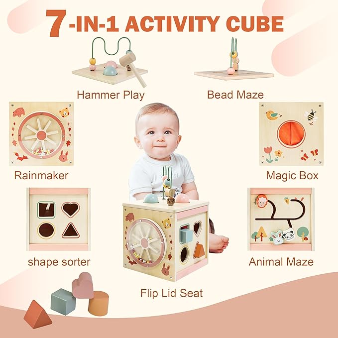 Wooden Activity Cube for 1 Year Old | 7-in-1,Montessori Baby Toys,Educational Toy for Toddlers, First Birthday Gift for Toddlers