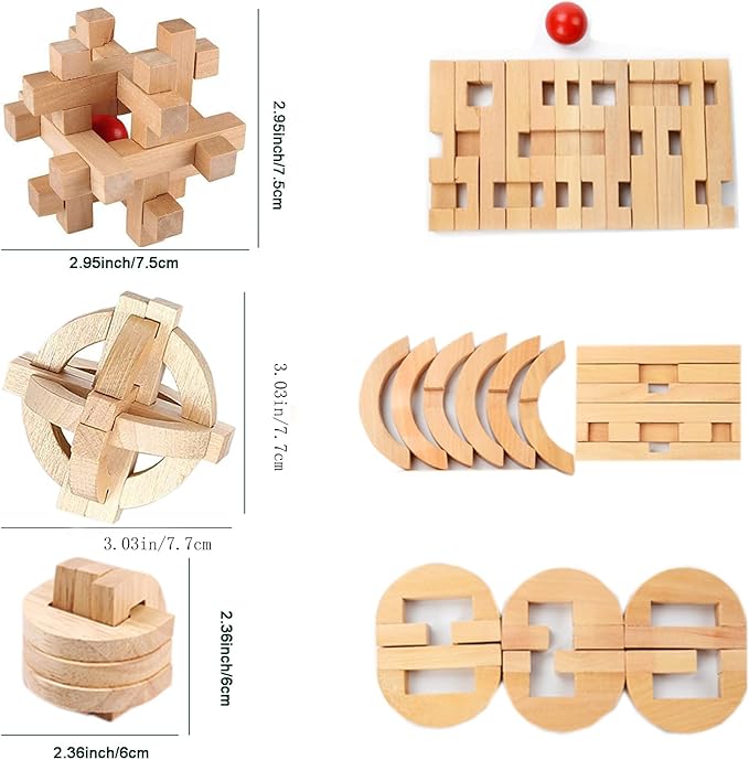 Arlai 12 pcs Wooden Brain Teaser Puzzle and Metal 3D Unlock Interlocking Jigsaw Educational Toy for Kids and Adults Brain Games Durable Easy to Assemble Birthday Gifts Educational Toys