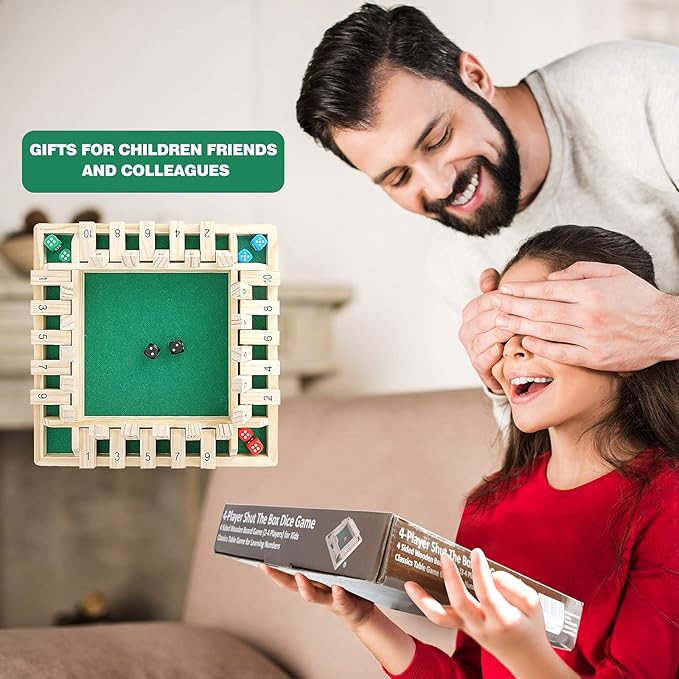 Shut The Box Dice Game,Wooden Board Table Math Game for 1-4 Players,Classic Family Game with 12 Dices for Kids Adults Pub Classroom or Home(12 Inches)