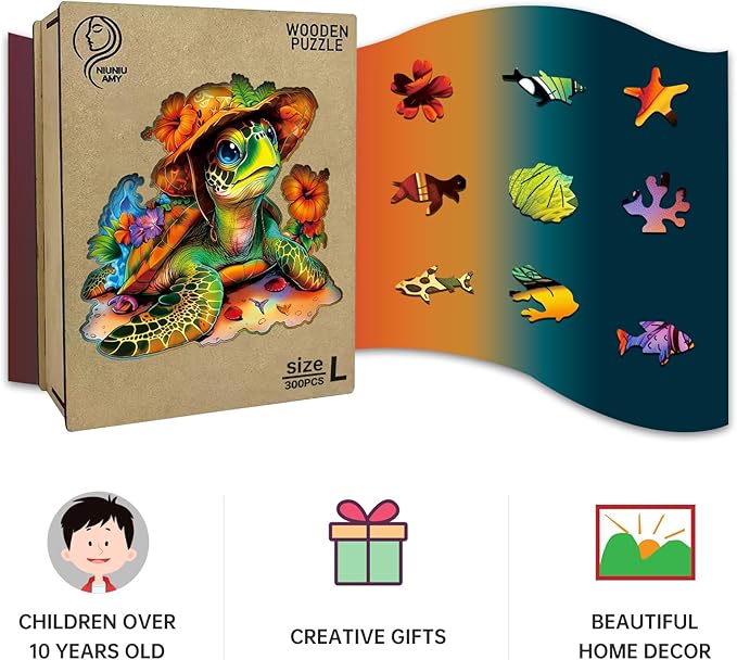 Wooden Jigsaw Puzzles,Vacation Sea Turtle Wooden Puzzles 300 Piece,Perfect for Family Game,Unique Shape Puzzles for Adults 14.9 x 14.9 Inch
