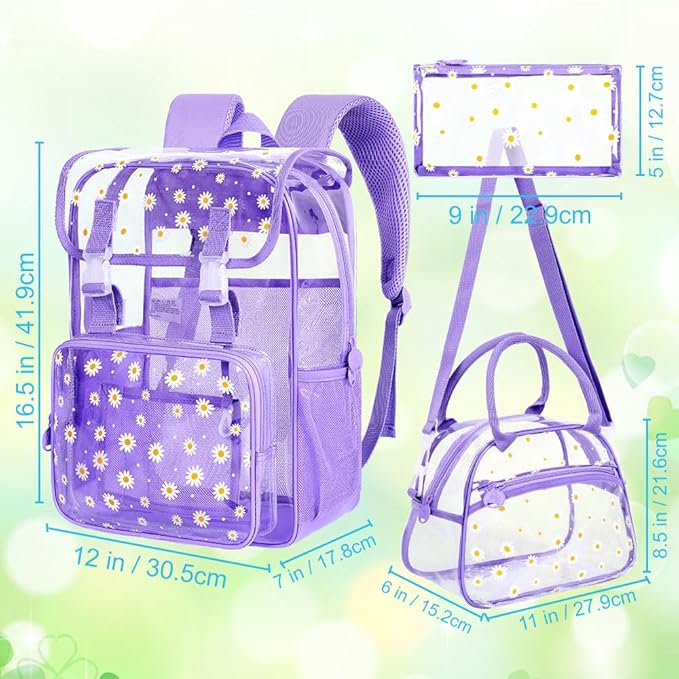 17" Daisy Clear Backpack for Girls - Flip Design Stadium Approved 3Pcs Set, Transparent Bookbag for Concert/School (Purple)