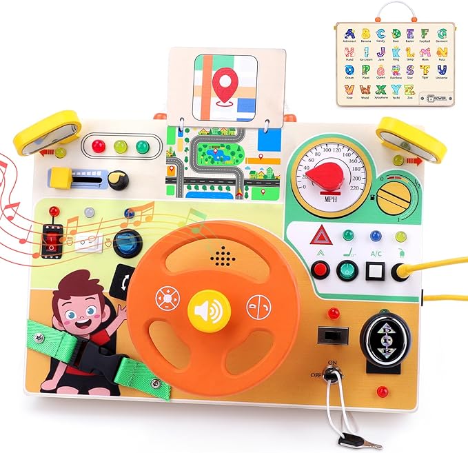 Toddler Toys Montessori Busy Board for 1+ Year Old Boys & Girls Steering Wheel Driving Simulation Toy Travel Activities for Toddlers 1 2 3 4+ Year Old Sensory Toys