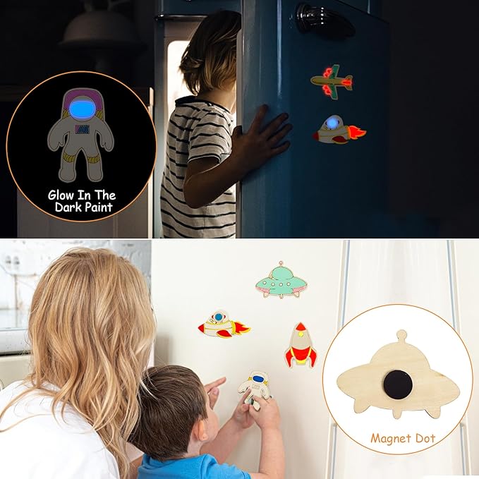 LARDUX Space Party Favors, 24PCS DIY Wooden Arts & Crafts Painting Kit for Kids, Glow in The Dark Party Favors Family Crafts Birthday Party Christmas Gifts Toys for Boys Girls