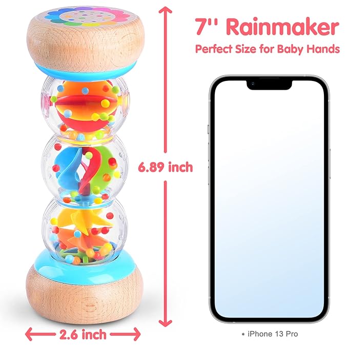 PLAY Rainmaker - 7 inch Wooden Rainbow Rain Stick Montessori Toys for Babies 6-12 Months, Baby Rattle Shaker Sensory Developmental Toy, Raindrops Musical Instrument