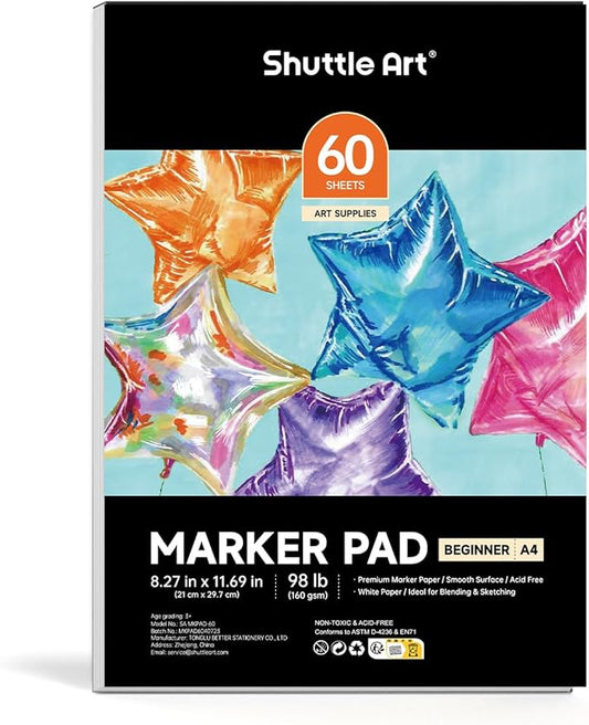 Shuttle Art Marker Pad,11.69”x8.27” Portable A4 Sketchbook, 60 Sheets Drawing Paper, 98LB/160GSM Smooth Surface Bleedproof Art Paper, Glue-Bound, Great for Beginners to Draw, Paint & Sketch