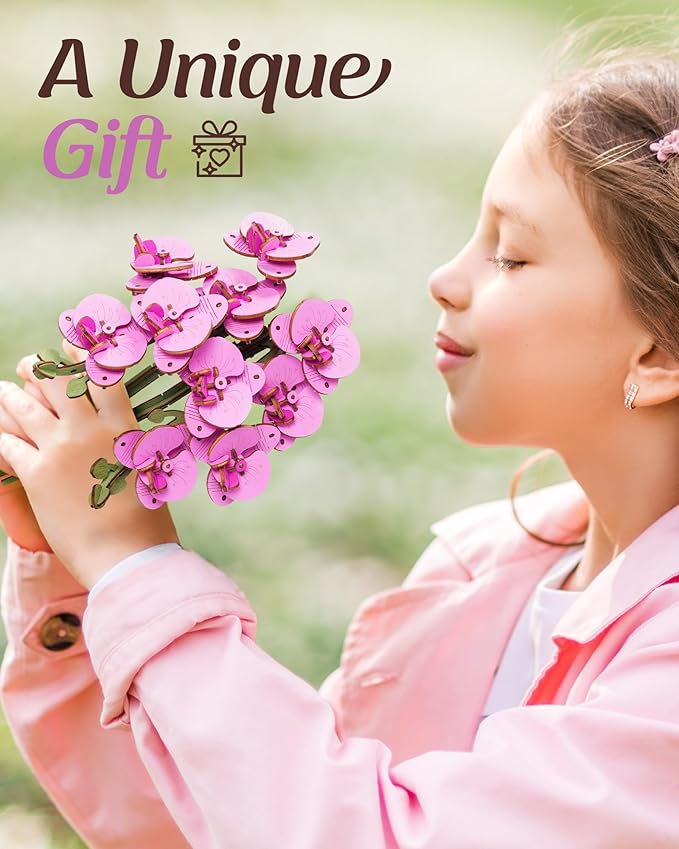 rowood Wooden Flower,3D Puzzles for Kids,Artifical Flower Botanical Collection Building Craft Kit,Mother's Day/Valentine's Day Purple Moth Orchid