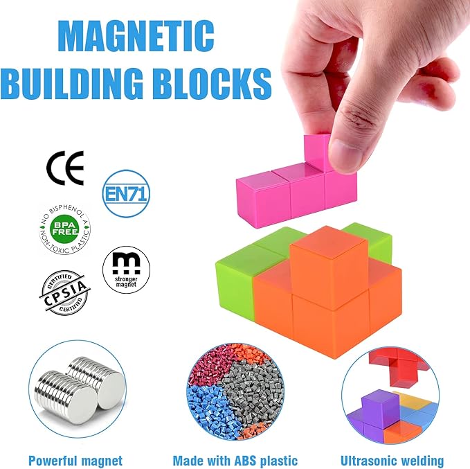 WorWoder Kids Magnetic Building Blocks Magic Magnetic 3D Puzzle Cubes, Set of 7 Multi Shapes Magnetic Blocks with 54 Guide Cards, Intelligence Developing and Stress Relief Fidget Toys for Kids(Pink)