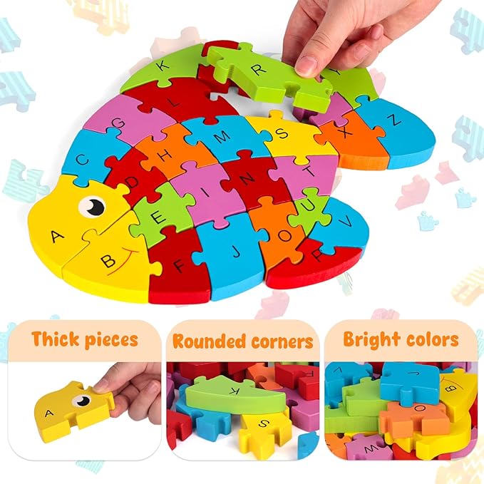LovesTown Goldfish Wooden Puzzle for Kids, Alphabet and Number Jigsaw Puzzle Montessori Learning Blocks, Educational Preschool Toys for Toddlers, 26 PCS