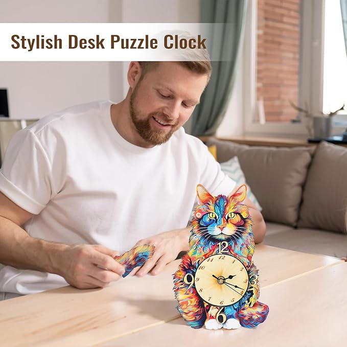 3D Puzzle for Adults - Wooden Cat Clock for Room Decoration, DIY Build Mechanical Wall Clock with Roman Numerals, Personalized Gift for DIY Lovers