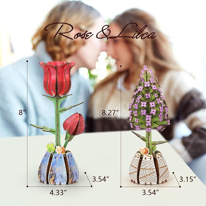 Jege 3D Flowers Wooden Puzzles for Adults,DIY Wooden 2 Flowers per Kit Building Set for Home Decor, Creative Craft Gift Toys Kits with 2 Perfume Bottles and Diffuser Sticks (Rose + Lilac)