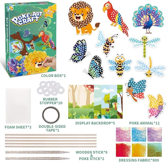 Poke-Art Animal Poking Art Kit with Fabric and Tools,Includes Various Animals Such as Butterflies, Bees, Dragonflies, Peacocks, Parrots, and Lions,Mess-Free Sewing Art for Kids Ages 4+