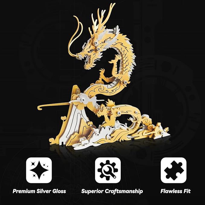 3D Metal Puzzles,3D Metal Puzzle for Adults,Mechanical Model Kit Golden Dragon,Steel 3D Puzzles Stainless Steel Ornaments for Adults Home Decor Art Craft Gifts Toys