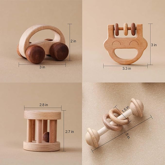 Wooden Baby Rattle Set, Newborn Wooden Rattle Toy, Natural Wooden Montessori Baby Grip Toy, Baby Gift Toy, Wood Rattle Set-7