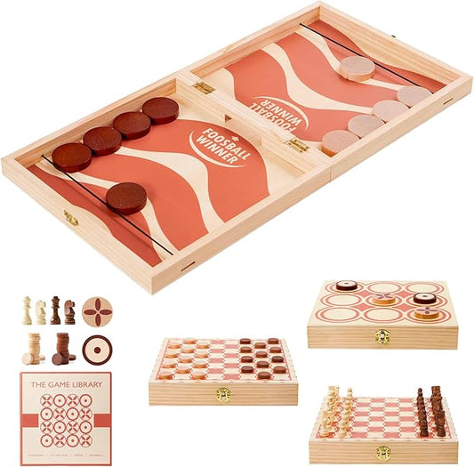 RM ROOMERS 4 in 1 Large Wooden Fast Sling Puck Games Set for Adults,Chess, Checkers,Tic Tac Toe,Portable Folding Travel Tabletop Board Game Sets,Interactive Families Game Night Toy Slingshot