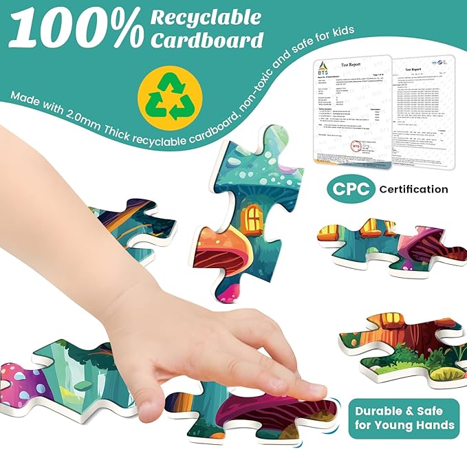 3-Pack 100 Piece Puzzles for Kids,Running Dogs Elephant Mushroom Puzzle for Kids Age 4-6 6-8 8-10,Unique Large Piece Jigsaw Puzzle,Recycled Paper,Bright & Colorful Educational Puzzle,Boys Girls Gift