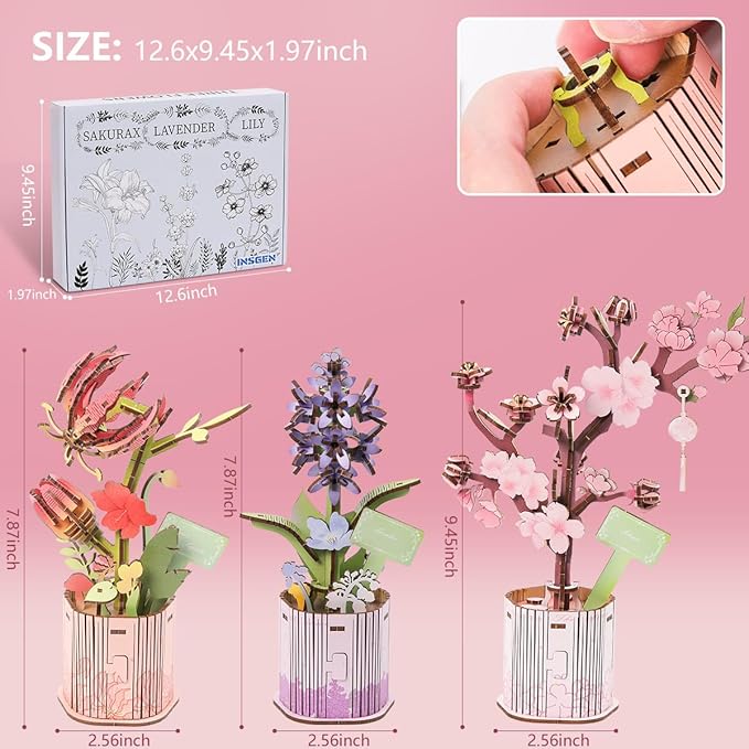 Insgen 3D Wooden Flower Puzzle for Adults, 3 Flowers Bouquet Building Sets, Wooden Flower Kit DIY Botanical Art Craft Model Kit Home Décor for Lovers Nature Enthusiasts