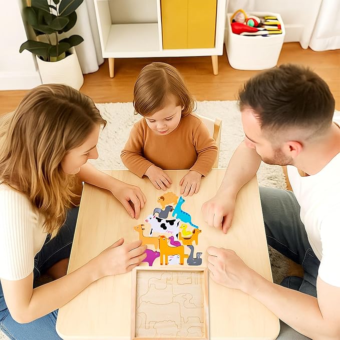 LovesTown Wooden Stacking Puzzles for Kids, Farm Animal Chunky Jigsaw, Educational Learning Toy, 12 PCS