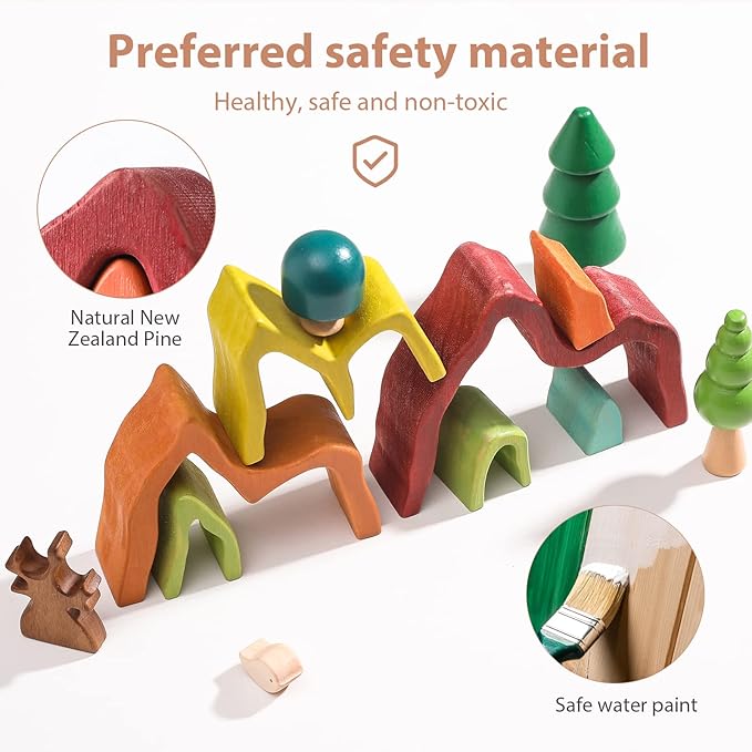 Wooden Rainbow Stacking Toy | House Bulding Block | Montessori Geometry Educational Stacking Game | Learning Educational Toys for Kids Baby Toddler（Volcano）