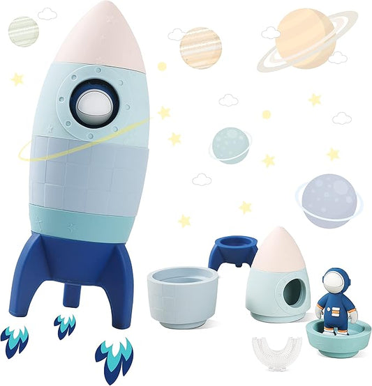 Silicone Rocket Stacking Toy - Space Rocket Toy - Baby Teething Toys -Early Learning Stacking Tower Educational Learning Stacking Toys Nesting Toy for Early Educational for Infants (Blue)