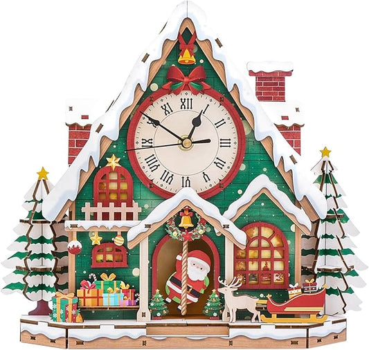 KAAYEE 3D Puzzle for Adult, Wooden Christmas Cabin Pendulum Clock Mechanical Model Kit, 66 PCS DIY Vintage Wall Clock Building Kit, Creative Craft Gift for Birthday Home Decor (Battery Not Included)