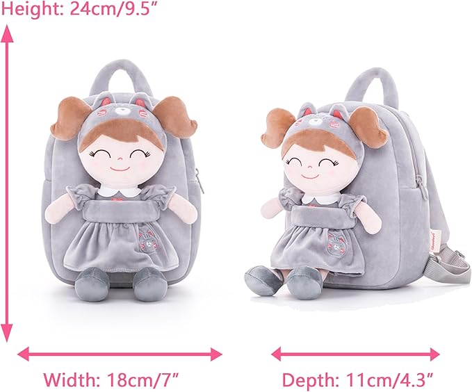 Gloveleya Back to School Gifts for Girls Cat Backpack Toddler Backpack Soft Plush Backpacks with Plush Doll Gray