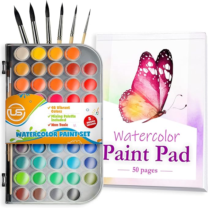 Watercolor Paint Set- Premium 48 Watercolor Paint with Watercolour Book, Water Color Palette and 3 Paintbrushes. Great Water Colors for Adults and Kids