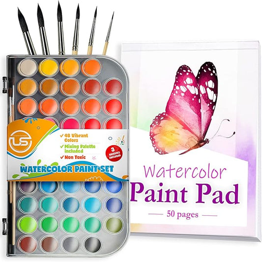 Watercolor Paint Set- Premium 48 Watercolor Paint with Watercolour Book, Water Color Palette and 3 Paintbrushes. Great Water Colors for Adults and Kids