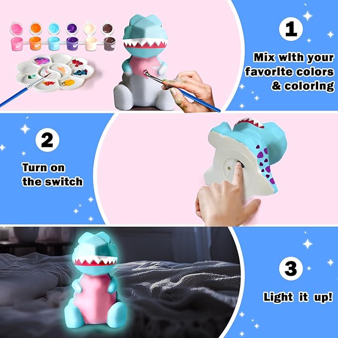 FUNZBO 4.3in Paint Your Own Dinosaur Lamp Kit - Arts and Crafts Supplies Painting Kit for Kids Teens, DIY Night Light Dinosaur Toys for Toddlers Boys Girls Age 3 4 5 6 7 8 9 10 11 12 13 Birthday Gifts