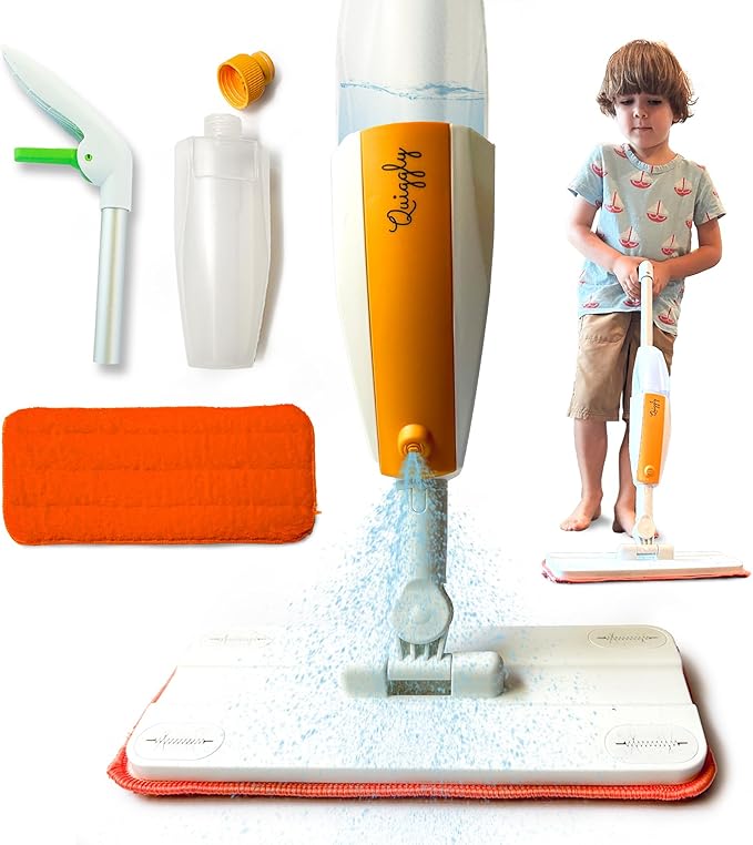 Quiggly Toy Spray Mop for Kids - Toddler Cleaning Set with Real Water Sprayer - Montessori Cleaning Set Mini Sweeper - Educational and Fun Kids Mop - Squeeze and Spray