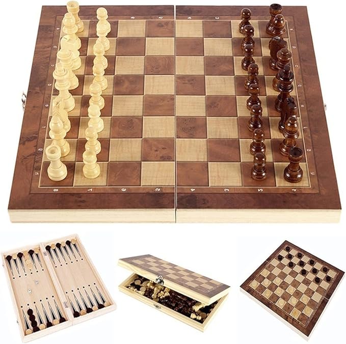 Chess Set,Folding Storage Wooden Chess Board Sets,17" Wooden Chess,3 in 1 Chess Board Game for Adults and Kids (Chess,Backgammon,Checkers)