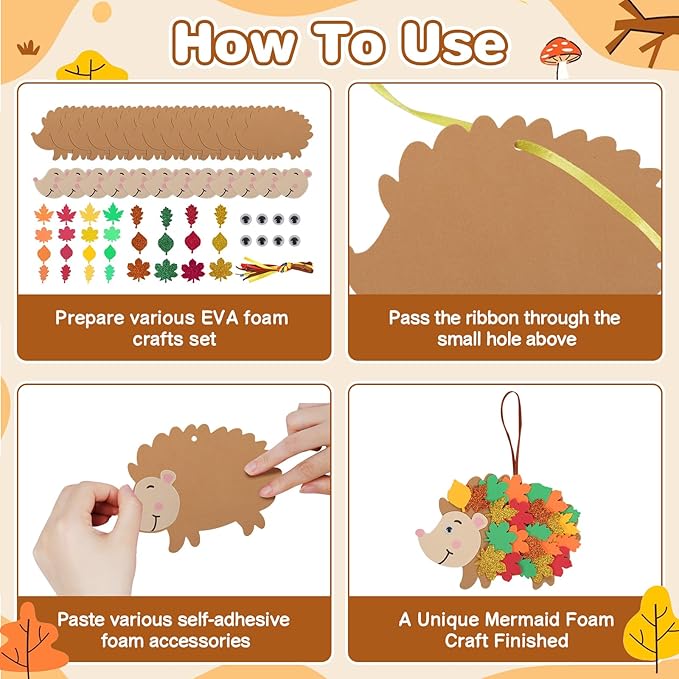 Fennoral 12 Pack Hedgehog Crafts for Kids Make You Hedgehog Foam Stickers DIY Autumn Art and Craft for Boys Girls Party Supply Art Activities Birthday Gifts Fall Thanksgiving Decoration