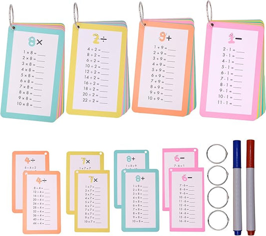 Math Flash Cards for Kids (Grades 1-3) | Addition, Subtraction, Multiplication & Division | 4-Pack Set with Rings & Markers | Educational Fun & Learning Game