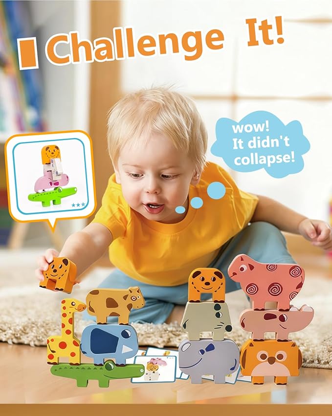 Cowcowcow Montessori Toys for 1 2 3 4 Year Old Boys Girls, Toddler Toys Age 2-4, 1 2 3 4 Year Old Girl Boy Birthday Gifts, 10 pack Wooden Animal Blocks Sorting & Stacking Education Toddler Puzzles Toy