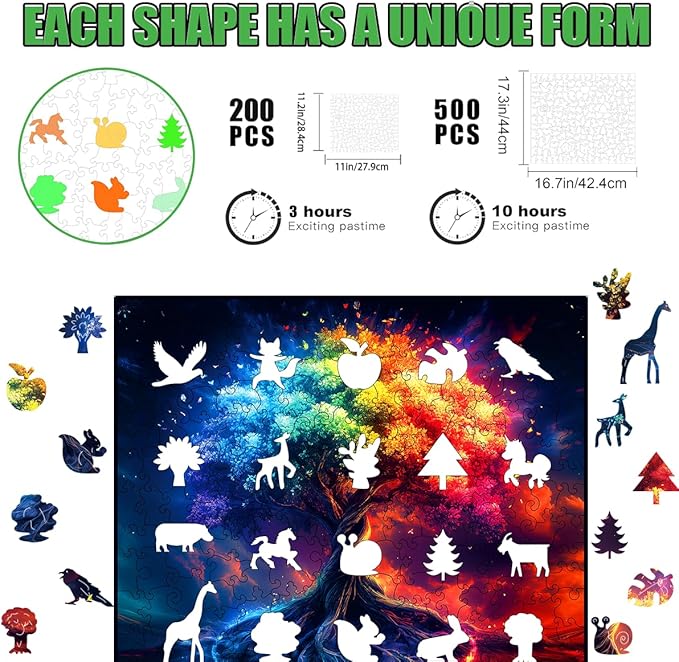 Wooden Jigsaw Puzzle, 200-500 Pieces Unique Shape Animal Puzzle, for Adults & Kids, Birthday Gift Family Game, Decorative Puzzle, Unique Gift (Rainbow Tree, 500 PCS)