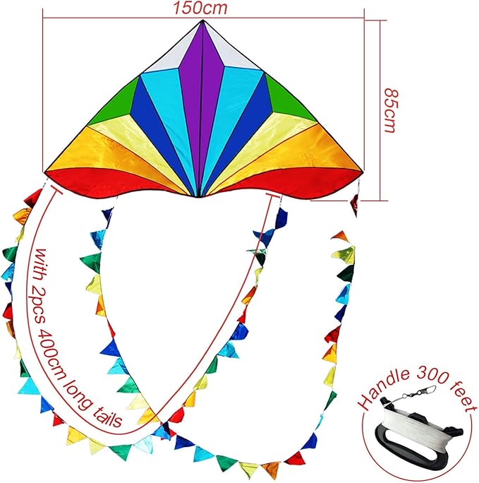 HONBO Large Delta Kite for Kids & Adults,Extremely Easy to Fly Kite for Beach Trip,String Line Included,with Colorful Tail,Perfect for Beginners