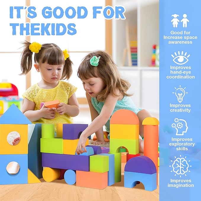 Migargle 36 Pieces Large Foam Building Blocks for Toddlers, EVA Soft Stacking Blocks, Baby Bath Foam Toy Set, Early Learning Construction Toys & Gifts for Kids, Boys & Girls