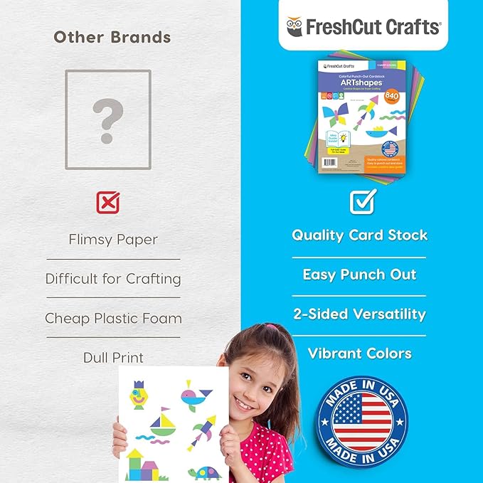 ARTshapes 840 pc Creative Paper Shapes Pack with 70+ Idea Guide - US Made Card Stock - Punch Out Funky DIY Craft Supplies for Whimsical Art Designs, Paper Crafts, and Pattern Play 5 Happy Colors