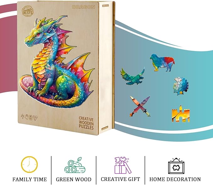 Jigfoxy Wooden Puzzles for Adults, Dragon Wood Puzzles Adult, Unique Animal Shape Wooden Jigsaw Puzzles for Adults, Birthday Gifts for Puzzle Lovers, Family, Friend (S-9.8 * 8.5in-100pcs)