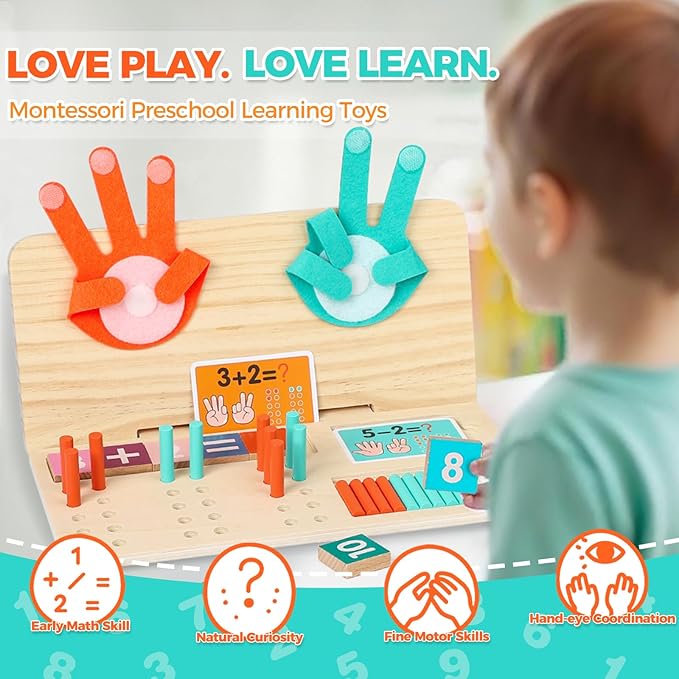 Montessori Learning Toys for Toddlers, Double-Sided Preschool Educational Math Manipulatives Number Counting Blocks, Finger Counting Math Toys for Kids 3-5 Year Old Boys Girls Gift