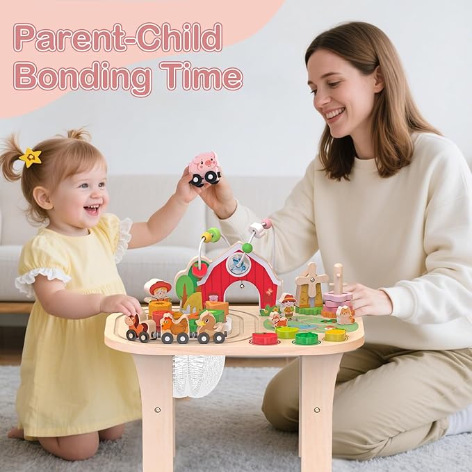 Kids Wooden Farm Activity Table for 1 2 3 Years Old, Montessori Learning Toy with Bead Maze, Shape Sorter & Animal Train, Sensory Development Toy for Toddlers, Educational Gift for Baby Boys Girls 1+