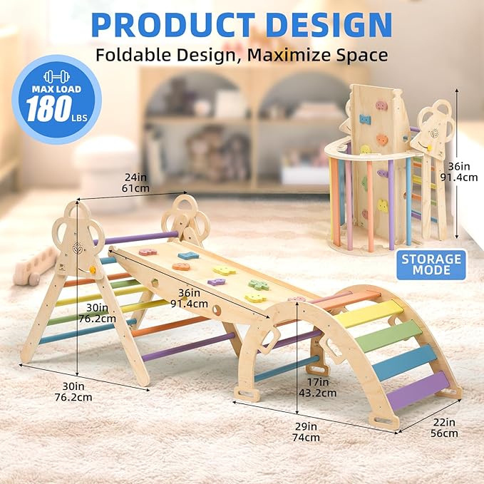 Pikler Triangle Set with Cushion, 9-in-1 Foldable Wooden Climbing Toys for Toddlers, Indoor Montessori Jungle Gym Set for Baby & Kid