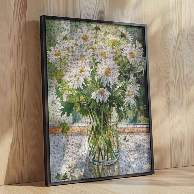 Jigsaw Puzzles 1000 Pieces for Adults-White Daisy Flower Hardboard Puzzle-Challenging Puzzle Perfect for Game Nights-DIY Home Wall Decor-Art Puzzles-White Flowers with Green Leaves in Vase 27" x 20"