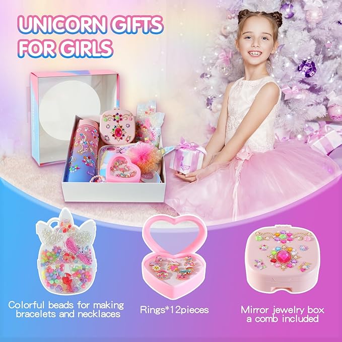 Unicorn Toys Gift for Girls Age 4 5 6 7 8 9, Bracelet Making Kit, Decorate Unicorn Water Bottle, Birthday Gift Box for Little Girls, Daughter, Granddaughter