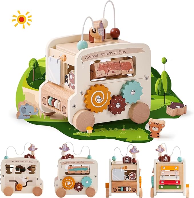 Wooden Activity Cube 8-in-1 Montessori Toys | Multifunctional Early Educational Learning Toys | Wooden Toy for Baby Shape Sorter Xylophone Animal Travel Bus Boy Girl Birthday Gift（Beige Bus）